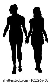 Two lesbian girls hand to hand vector silhouette illustration isolated on white background. Lovely lesbian couple walking the street. Closeness in public. Lesbo couple.