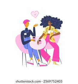 Two lesbian girls meet on speed dates. Vector hand drawn illustration.