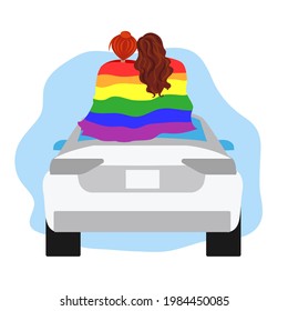 Two Lesbian Girls With Rainbow Flag Sitting On Car.Two Lesbians Hugging. LGBT Pride Month. LGBT Parade. Human Rights And Tolerance. Vector Cartoon Illustration