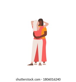 Two lesbian hugs with love. Romantic couple on isolated white background. Flat illustration for Valentine day. 