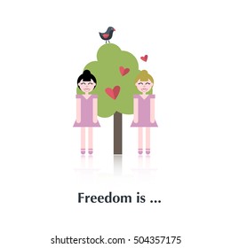 Two lesbian .Vector people icon,pictogram.Concept free relationships,lesbians,pink,tree,red heart ,over white with text Freedom is,in flat stile