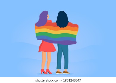 Zwei Lesben, die mit einer LGBT-Fahne mit Regenbogen bedeckt sind, auf blauem abstraktem Hintergrund. Kopiert Platz für Design oder Text. Flache Vektorgrafik