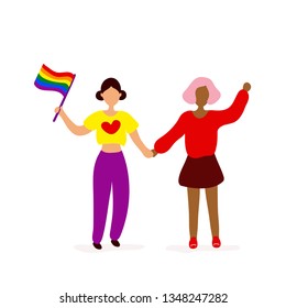 Two lesbians holding hands. Vector flat modern style illustration icon design. Isolated on white background. Lgbt activists with small rainbow flag.