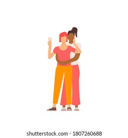 Two lesbians hugging. Romantic couple on isolated white background. Flat illustration for Valentine day. 