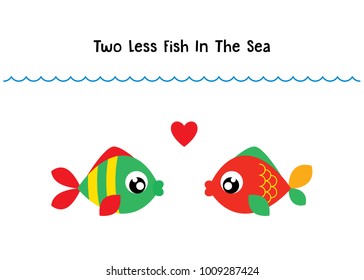 two less fish in the sea wedding invitation card vector. cute graphic cartoon ocean fish wedding greeting card illustration. valentine card with two fish in the sea.