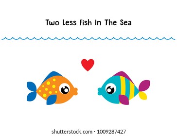 two less fish in the sea wedding invitation card vector. cute graphic cartoon ocean fish wedding greeting card illustration. valentine card with two fish in the sea.