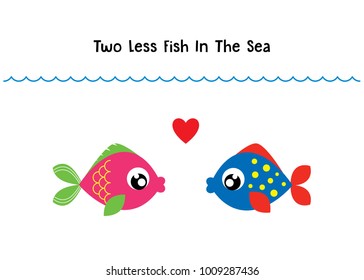 two less fish in the sea wedding invitation card vector. cute graphic cartoon ocean fish wedding greeting card illustration. valentine card with two fish in the sea.