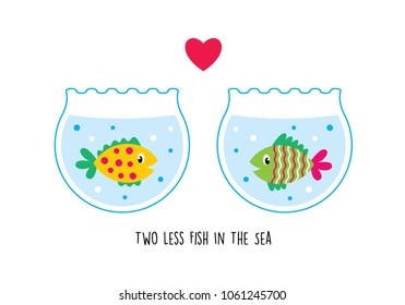 two less fish in the sea wedding invitation card vector. cute graphic cartoon ocean fish wedding greeting card illustration. valentine card with two fish in the sea.