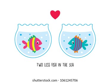 two less fish in the sea wedding invitation card vector. cute graphic cartoon ocean fish wedding greeting card illustration. valentine card with two fish in the sea.