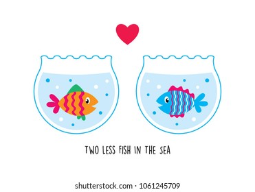 two less fish in the sea wedding invitation card vector. cute graphic cartoon ocean fish wedding greeting card illustration. valentine card with two fish in the sea.