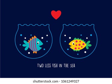 two less fish in the sea wedding invitation card vector. cute graphic cartoon ocean fish wedding greeting card illustration. valentine card with two fish in the sea.