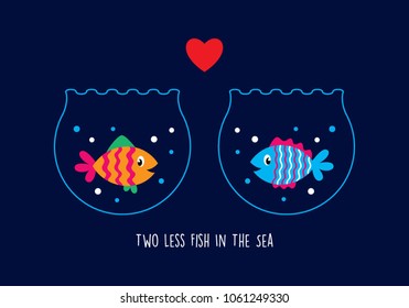 two less fish in the sea wedding invitation card vector. cute graphic cartoon ocean fish wedding greeting card illustration. valentine card with two fish in the sea.