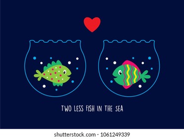 two less fish in the sea wedding invitation card vector. cute graphic cartoon ocean fish wedding greeting card illustration. valentine card with two fish in the sea.