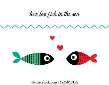 two less fish in the sea wedding invitation card vector. cute graphic cartoon ocean fish wedding greeting card illustration. valentine card with two fish in the sea.