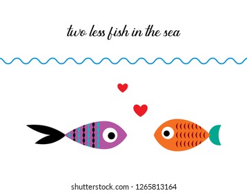 two less fish in the sea wedding invitation card vector. cute graphic cartoon ocean fish wedding greeting card illustration. valentine card with two fish in the sea.