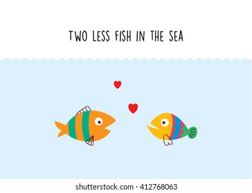 two less fish in the sea wedding invitation card vector. cute graphic cartoon ocean fish wedding greeting card illustration. valentine card with two fish in the sea.