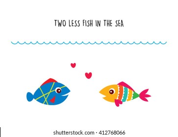 two less fish in the sea wedding invitation card vector. cute graphic cartoon ocean fish wedding greeting card illustration. valentine card with two fish in the sea.