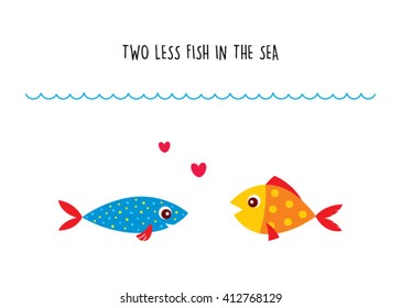 two less fish in the sea wedding invitation card vector. cute graphic cartoon ocean fish wedding greeting card illustration. valentine card with two fish in the sea.