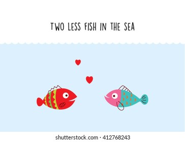 two less fish in the sea wedding invitation card vector. cute graphic cartoon ocean fish wedding greeting card illustration. valentine card with two fish in the sea.