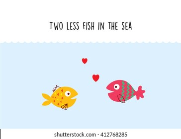 two less fish in the sea wedding invitation card vector. cute graphic cartoon ocean fish wedding greeting card illustration. valentine card with two fish in the sea.