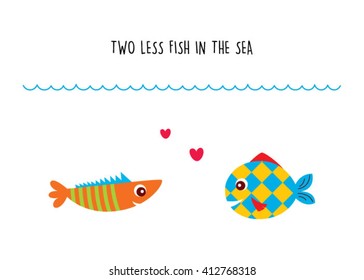 two less fish in the sea wedding invitation card vector. cute graphic cartoon ocean fish wedding greeting card illustration. valentine card with two fish in the sea.