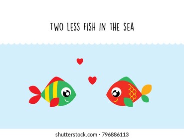 two less fish in the sea wedding invitation card vector. cute graphic cartoon ocean fish wedding greeting card illustration. valentine card with two fish in the sea.