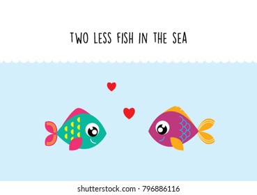 two less fish in the sea wedding invitation card vector. cute graphic cartoon ocean fish wedding greeting card illustration. valentine card with two fish in the sea.