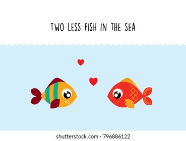 two less fish in the sea wedding invitation card vector. cute graphic cartoon ocean fish wedding greeting card illustration. valentine card with two fish in the sea.