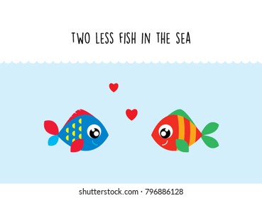 two less fish in the sea wedding invitation card vector. cute graphic cartoon ocean fish wedding greeting card illustration. valentine card with two fish in the sea.