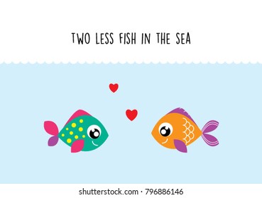 two less fish in the sea wedding invitation card vector. cute graphic cartoon ocean fish wedding greeting card illustration. valentine card with two fish in the sea.