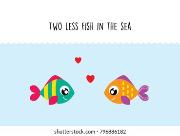 two less fish in the sea wedding invitation card vector. cute graphic cartoon ocean fish wedding greeting card illustration. valentine card with two fish in the sea.