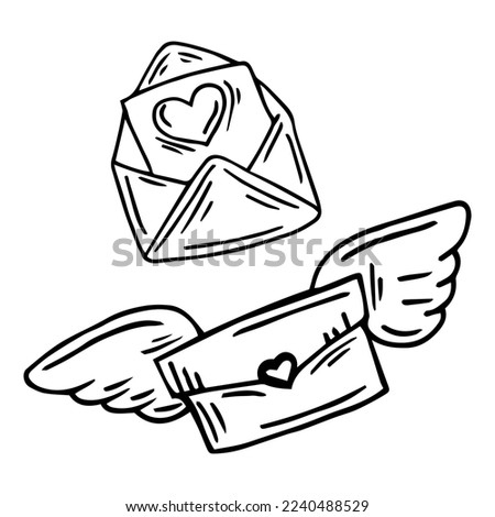 Two letters with hearts and wings isolated on white background