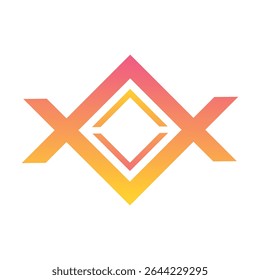 Duas letras X gradiente logotipo criativo laranja, forma losango com iniciais XX tipografia listrada elemento de design, emblema do cartão de visita, laranja diamante gradiente linhas finas.