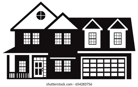 Two Level House With Two Car Garage Black And White Outline Vector Illustration