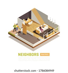 Two level house owners friendly relations with neighbors visiting with a treat isometric composition vector illustration 
