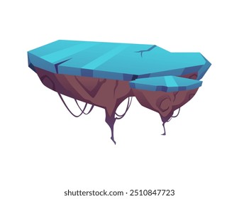 Two level platforms with blue surface. Land island with ice cover floating vector illustration. Cartoon fantasy big and small stone rock stages, pieces of winter ground for gui game asset isolated