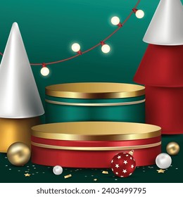 Pódiums de dos niveles para los productos que se muestran en la decoración de fondo verde festivo, diseño vectorial  