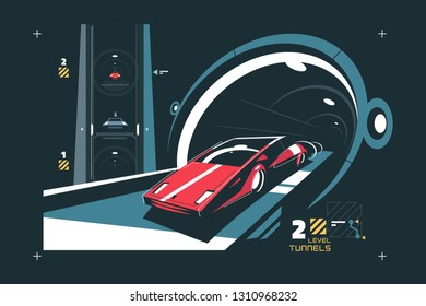 Two levels cars tunnel with map of traffic vector illustration. Red auto driving via modern subway flat style concept. Speed road transportation system in night time