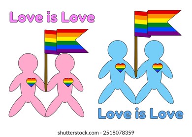 Two LGBT couples, pink and blue figures, holding rainbow flags and heart symbols representing love, unity, and LGBTQ plus pride.