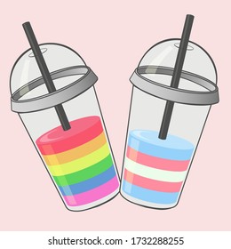 Two LGBT cups with smoothies colored in rainbow and trans flags. Cute vector isolated illustration