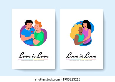 Two LGBT gay couple and lesbian couple huggig each other. Vector illustration in flat style.