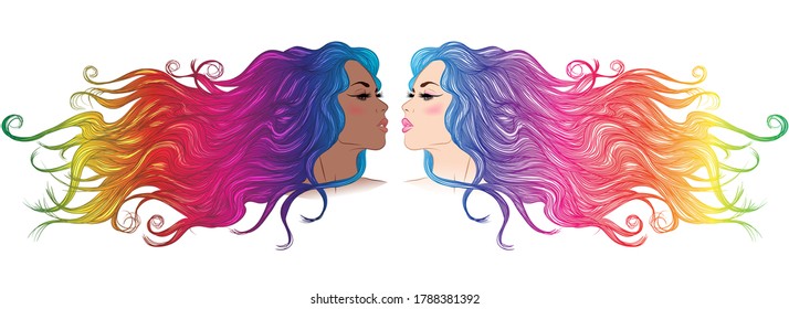 Two LGBT logo symbol girls. Rainbow colored hairs. African American and European pretty, young, fashion model. Vector illustration isolated on white background.