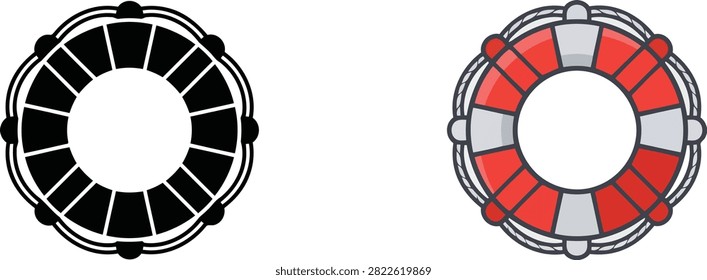 Two life buoy rings displayed side by side with one black and white and the other red and grey isolated on transparent background