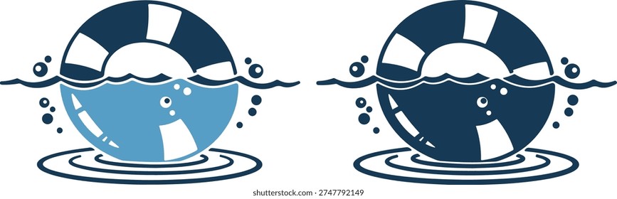 Two lifebuoys floating on water with ripples and bubbles around them