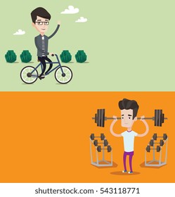 Two lifestyle banners with space for text. Vector flat design. Horizontal layout. Young man riding a bicycle in the park. Caucasian cyclist riding bike and waving his hand. Healthy lifestyle concept.