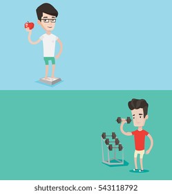 Two lifestyle banners with space for text. Vector flat design. Horizontal layout. Young sporty man lifting heavy weight dumbbell. Sportsman doing exercise with dumbbell. Weightlifter holding dumbbell. Two lifestyle banners with space for text. Vector flat design. Horizontal layout. Young sporty man lifting heavy weight dumbbell. Sportsman doing exercise with dumbbell. Weightlifter holding dumbbell.