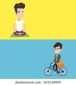 Two lifestyle banners with space for text. Vector flat design. Horizontal layout. Businessman riding a bicycle. Businessman riding bike. Businessman with briefcase on a bike. Healthy lifestyle concept