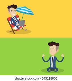 Two lifestyle banners with space for text. Vector flat design. Horizontal layout. Businessman with eyes closed meditating in yoga lotus position. Businessman in suit relaxing in yoga lotus position.