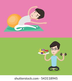 Dos banderas de estilo de vida con espacio para el texto. Diseño plano vectorial. Diseño horizontal. Hombre haciendo estiramientos en la alfombra para el ejercicio. Deportista estirando antes de entrenar. Hombre caucásico haciendo ejercicios de estiramiento.