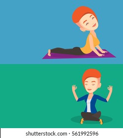 Two lifestyle banners with space for text. Vector flat design. Horizontal layout. Business woman meditating in yoga lotus position. Businesswoman relaxing in the yoga lotus position. Woman doing yoga.